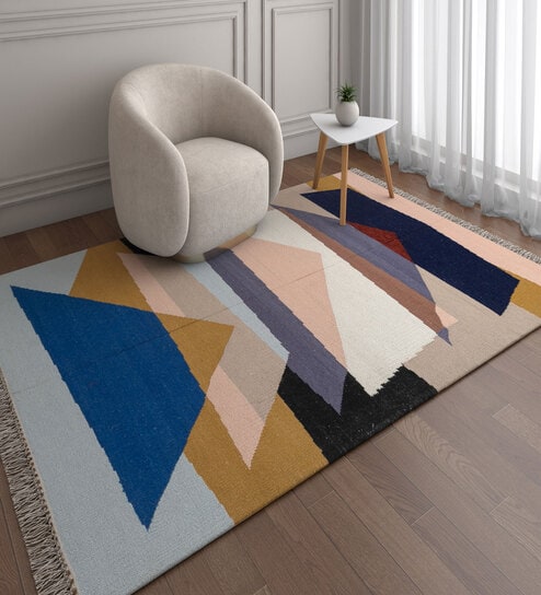 Beige Geometrical Wool 5 ft X 8 ft Flat Weaves