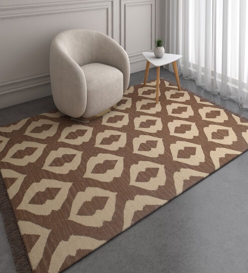 Beige Geometrical Wool 5 ft X 8 ft Flat Weaves