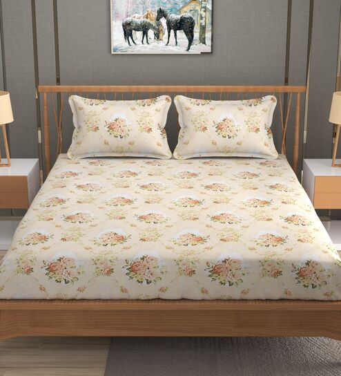 Beige Glace Cotton Floral Print Elastic Fitted King Bedsheet With 2 Pillow Covers