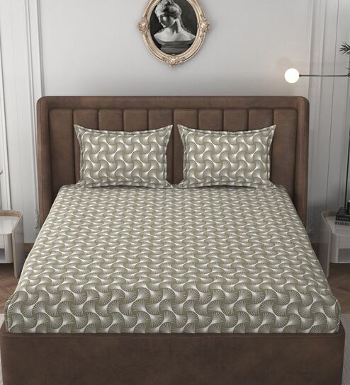 Beige Glace Cotton Self Design Elastic Fitted King Bedsheet With 2 Pillow Covers
