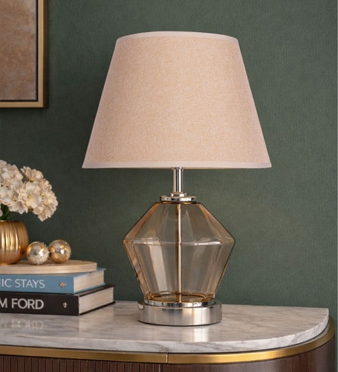 Beige Glass Table Lamp with Metal Base and Fabric Shade Elegant Modern Design