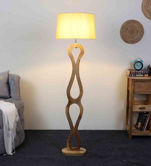 Beige Iron & Cloth Shade Club Floor Lamp With Wood Base by Sapphire