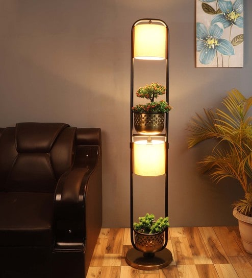 Noel Beige Metal and Fabric Shade Shelf Floor Lamp With Metal Base