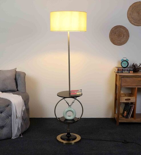 Beige Iron & Cloth Shade Shelf Floor Lamp With Iron Base