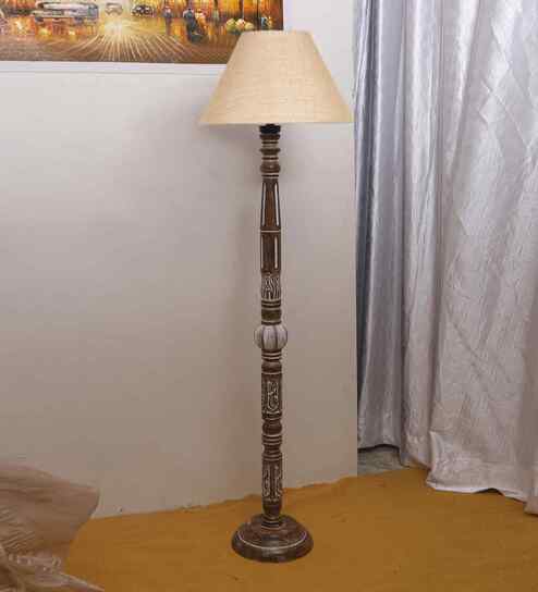 Beige Jute Conical Wooden Floor Lamp