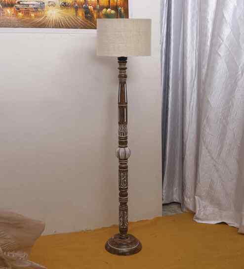 Beige Jute Drum Wooden Floor Lamp