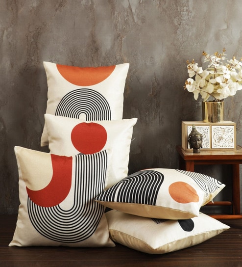 Beige Jute Geometric 40x40 inches Cushion Covers Set of 5