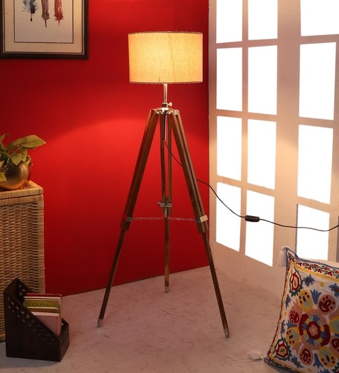 Bezalel Beige Jute Shade Tripod Floor Lamp With Teak wood Base