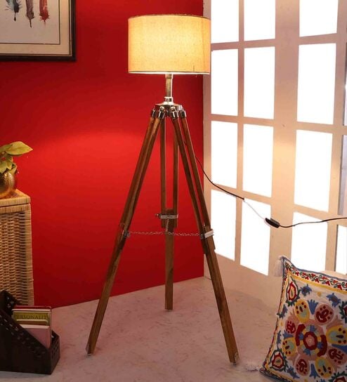 Margot Beige Jute Shade Tripod Floor Lamp With Teak wood Base