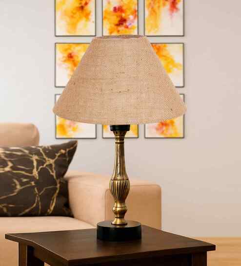 Beige Jute Table Lamp With  Metal & Wood  Base10X15 Inches