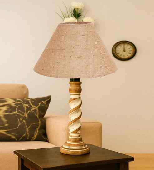 Beige Jute Table Lamp With  Wood  Base10X19 Inches
