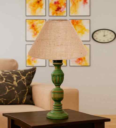 Beige Jute Table Lamp With  Wood  Base10X19 Inches