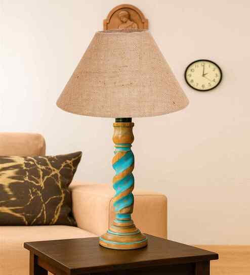 Beige Jute Table Lamp With  Wood  Base10X19 Inches