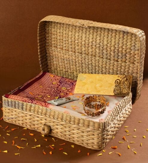 Beige Kauna Grass Trousseau Basket With Closure-image-13
