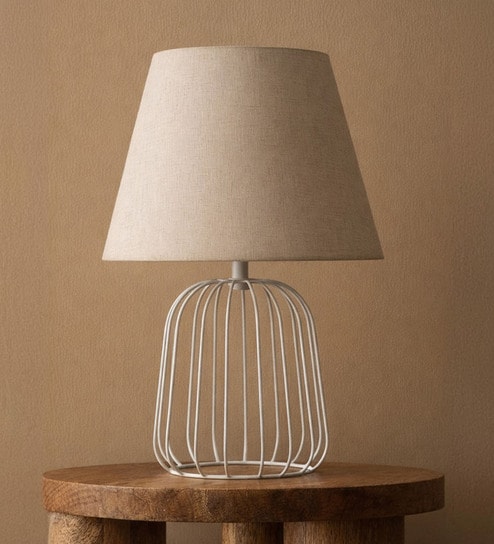 Beige Metal Cage Table Lamp With Cotton Fabric Shade   Minimalist Home Lighting