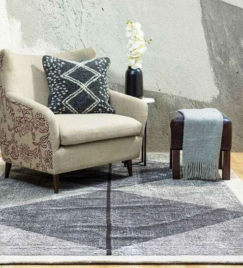 Beige Microfibre Geometric 5 x 7 Feet Hand Woven Carpet