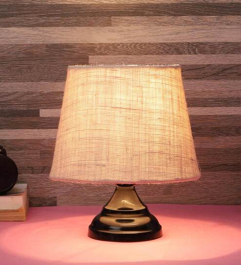 Beige Natural Fiber Shade Table Lamp With Black Base By Foziq
