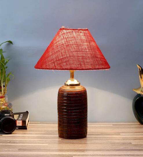 Beige Natural Fiber Shade Table Lamp With Brown Base By Foziq
