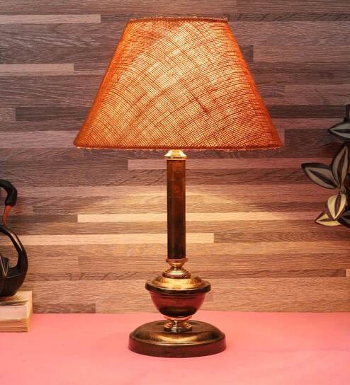 Beige Natural Fiber Shade Table Lamp With Copper Base By Foziq