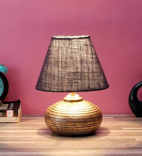 Beige Natural Fiber Shade Table Lamp With Golden Base By Foziq