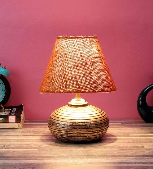 Beige Natural Fiber Shade Table Lamp With Golden Base By Foziq