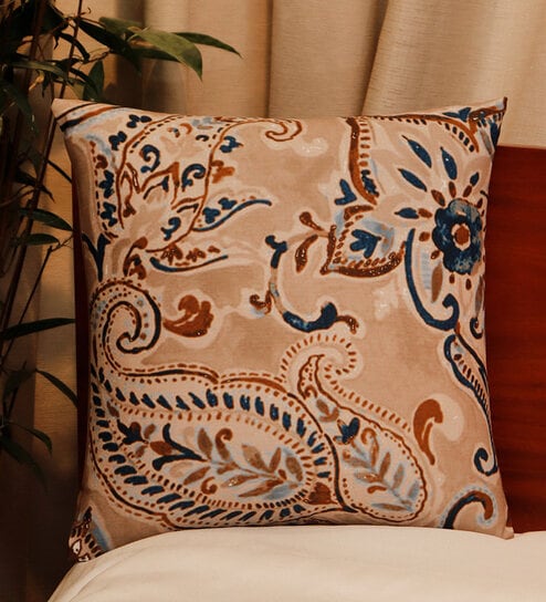 Beige Traditional Poly Canvas 16 x 16 Inches Cushion Cover by Zeba