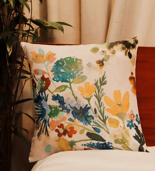 Beige Florals Fabric 16 x 16 Inches Cushion Cover