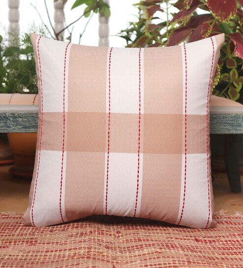 Beige Geometric Polycanvas 16 x 16 Inches Cushion Cover by Zeba
