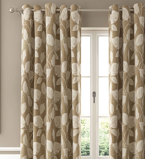 Beige Floral Poly Cotton 7 Ft Semisheer Eyelet Door Curtains (Set of 2) by GM Fabrics