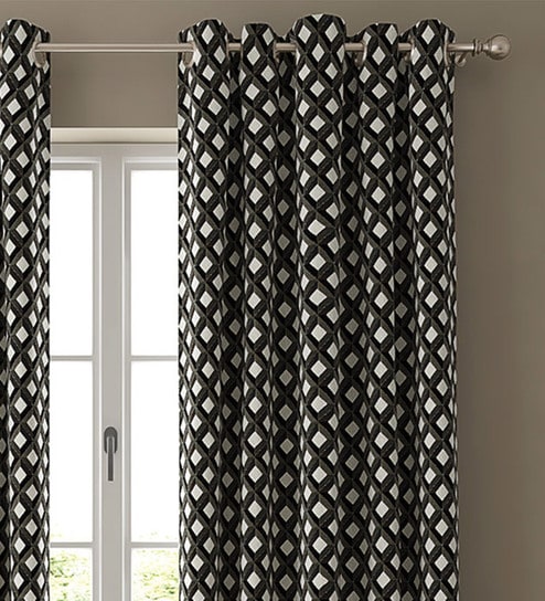 Beige Geometric Poly Cotton 7 Ft Semisheer Eyelet Door Curtains (Set of 2) by GM Fabrics