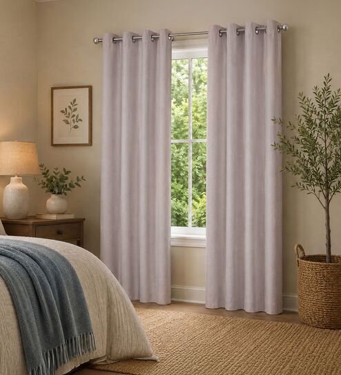 Beige Polycotton Textured 9ft Regular Eyelet Long Door Curtains (2 Pc)
