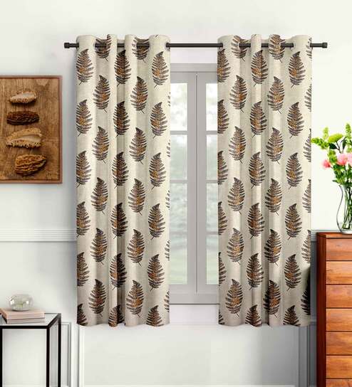 Brown Floral Polyester 5 Ft Semisheer Eyelet Window Curtains (Set of 2)