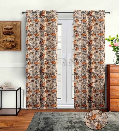 Beige Polyester Floral 7ft Semisheer Eyelet 2 Pc Door Curtains
