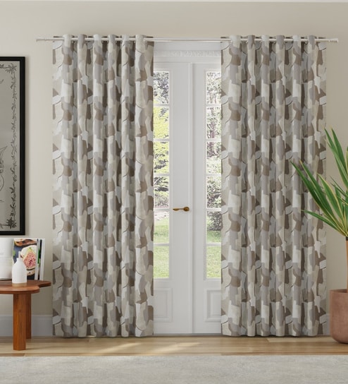 Beige Polyester Abstract 7ft Room Darkening Eyelet Door Curtains (2 Pc)