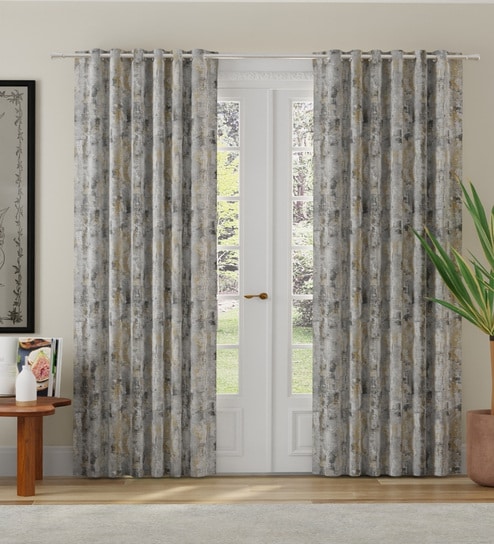 Beige Polyester Abstract 9ft Room Darkening Eyelet Long Door Curtains (2 Pc)