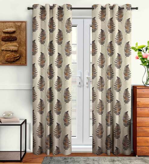 Brown Floral Polyester 9 Ft Semisheer Eyelet Door Curtains (Set of 2) by Cortina