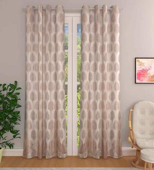 Beige Polyester Floral 9 Ft Light Filtering Eyelet 2 Piece Door Curtain