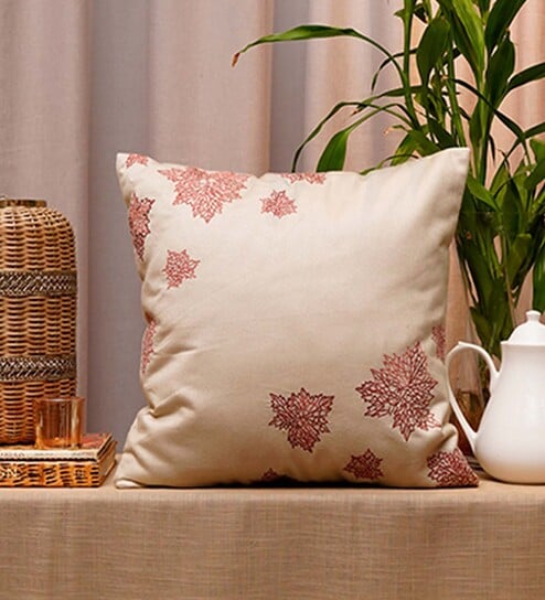 Beige Floral Polyester Blend 18 x 18 Inches Cushion Cover by Zeba