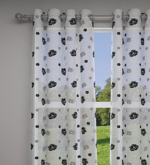 Beige Floral Polyester 7 Ft Sheer Eyelet Door Curtains (Set of 2) by GM Fabrics
