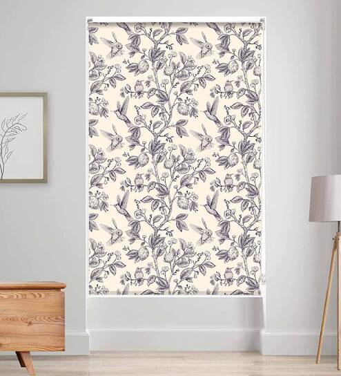 Beige Polyester Floral 84 X 48 Inches Semisheer Roller Blind