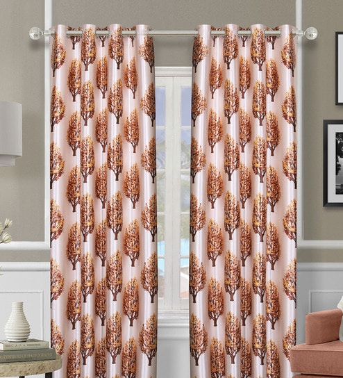 Beige Polyester Floral Light Filtering Eyelet 9 Feet Door Curtains (2 Pc)