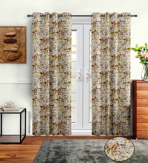 Beige Polyester Floral 9ft Semisheer Eyelet 2 Pc Long Door Curtains