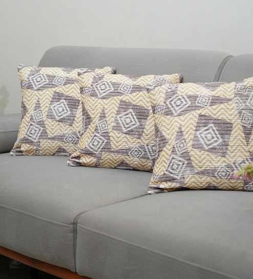 Beige Polyester Geometric 16x16 inches Cushion Covers Set of 3