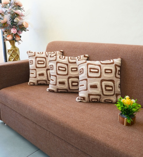 Beige Polyester Geometric 16x16 inches Cushion Covers Set of 3