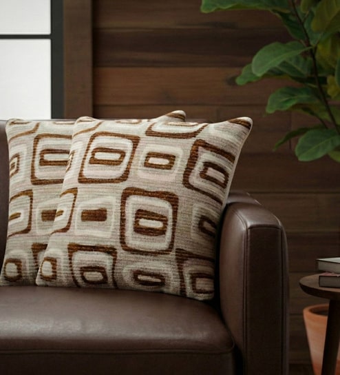 Beige Polyester Geometric 18x18 inches Cushion Covers Set of 2