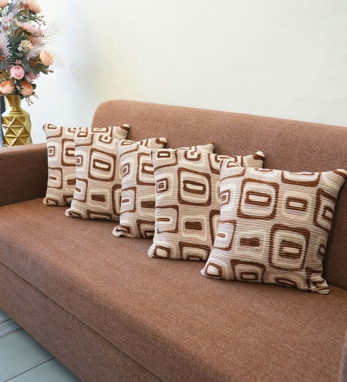 Beige Polyester Geometric 20x20 inches Cushion Covers Set of 5