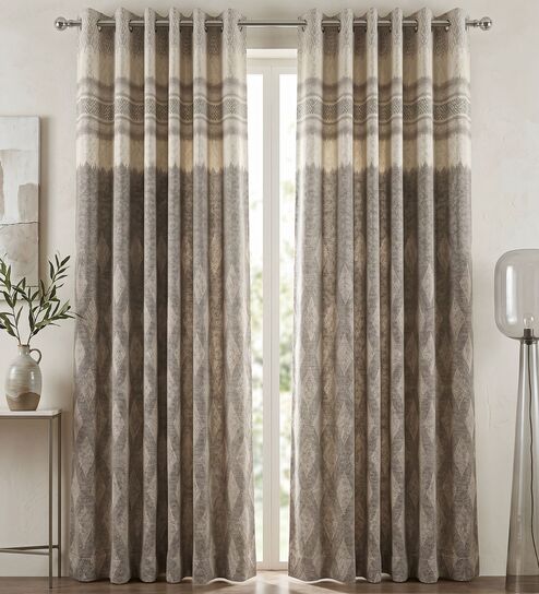 Beige Polyester Geometric 7Ft Light Filtering Eyelet Door Curtain