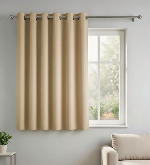 Beige Polyester Solid Light Filtering Eyelet 5 Feet Window Curtain