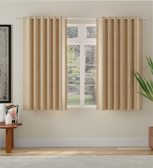 Beige Polyester Solid Jacquard 5ft Room Darkening Eyelet Window Curtains (2 Pc)