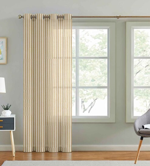 Beige Polyester Striped 9ft Sheer Eyelet Door Curtain